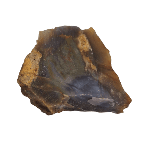 Fragmento de calcedonia con variaciones de color entre tonos marrones, amarillentos y gris azulados